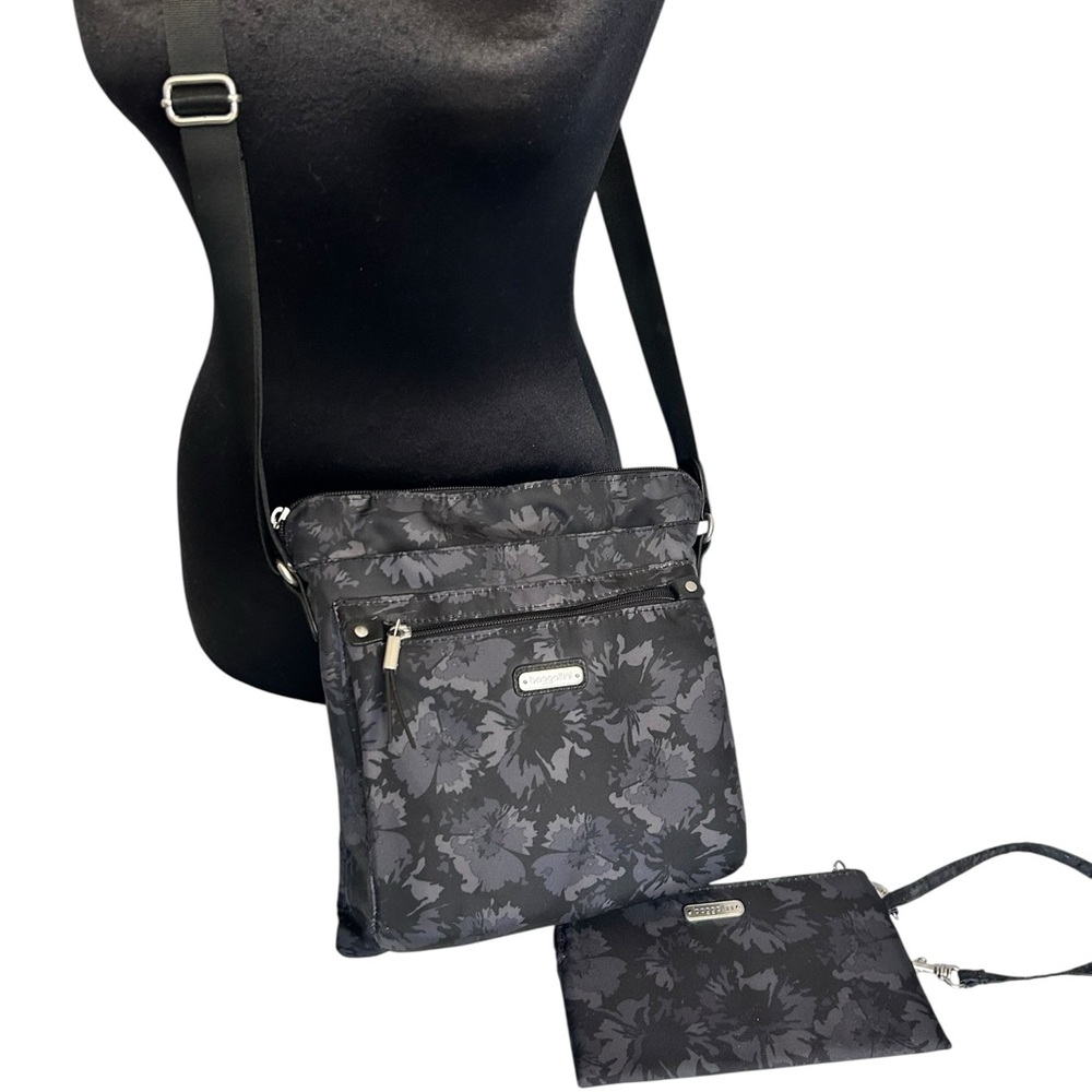 Baggallini Crossbody Bag And Wallet Pouch Set Black And Gray Floral Travel Purse - Picture 3 of 14